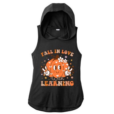 Retro Fall In Love With Learning Autumn Pumpkin Teacher Ladies PosiCharge Tri-Blend Wicking Draft Hoodie Tank