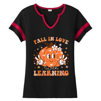 Retro Fall In Love With Learning Autumn Pumpkin Teacher Ladies Halftime Notch Neck Tee