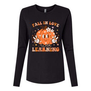 Retro Fall In Love With Learning Autumn Pumpkin Teacher Womens Cotton Relaxed Long Sleeve T-Shirt