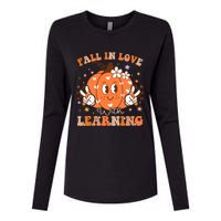 Retro Fall In Love With Learning Autumn Pumpkin Teacher Womens Cotton Relaxed Long Sleeve T-Shirt