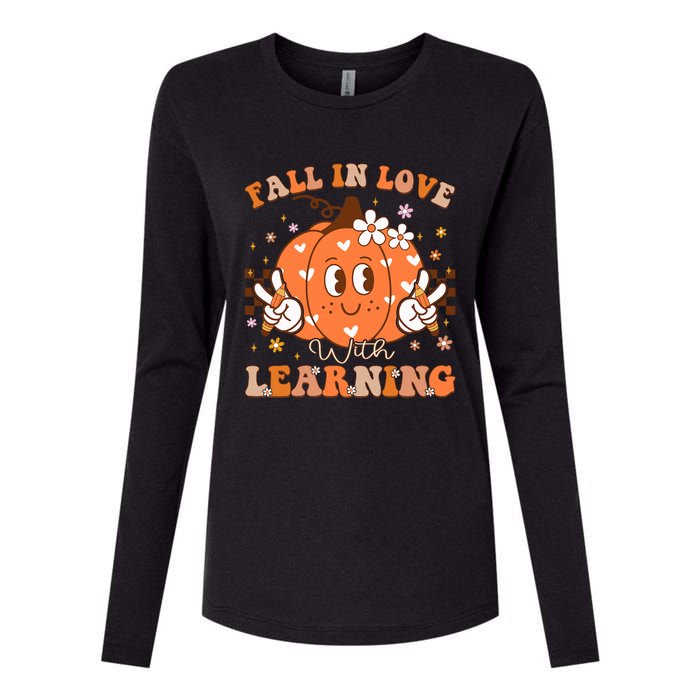 Retro Fall In Love With Learning Autumn Pumpkin Teacher Womens Cotton Relaxed Long Sleeve T-Shirt