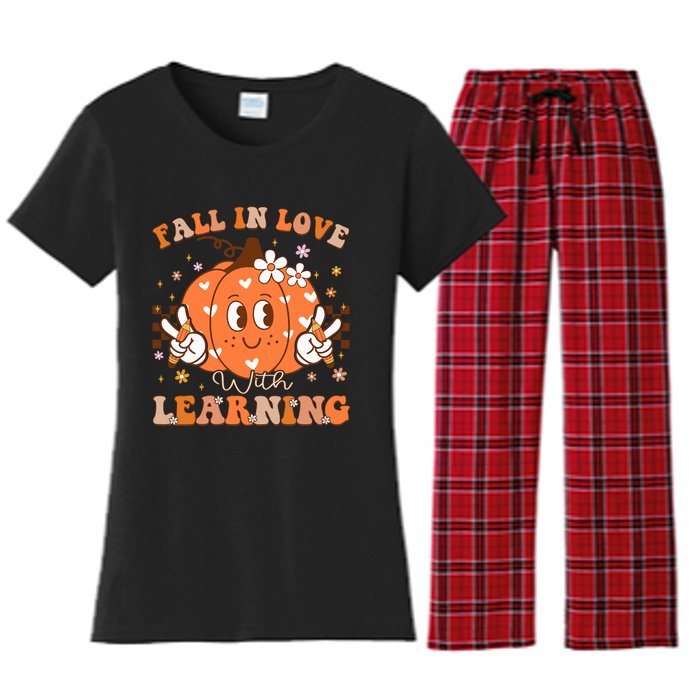 Retro Fall In Love With Learning Autumn Pumpkin Teacher Women's Flannel Pajama Set