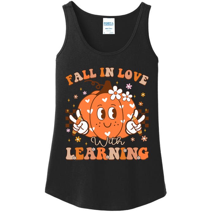 Retro Fall In Love With Learning Autumn Pumpkin Teacher Ladies Essential Tank