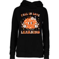 Retro Fall In Love With Learning Autumn Pumpkin Teacher Womens Funnel Neck Pullover Hood