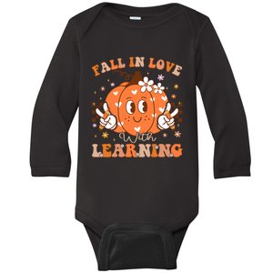 Retro Fall In Love With Learning Autumn Pumpkin Teacher Baby Long Sleeve Bodysuit