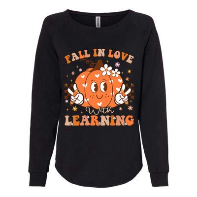 Retro Fall In Love With Learning Autumn Pumpkin Teacher Womens California Wash Sweatshirt