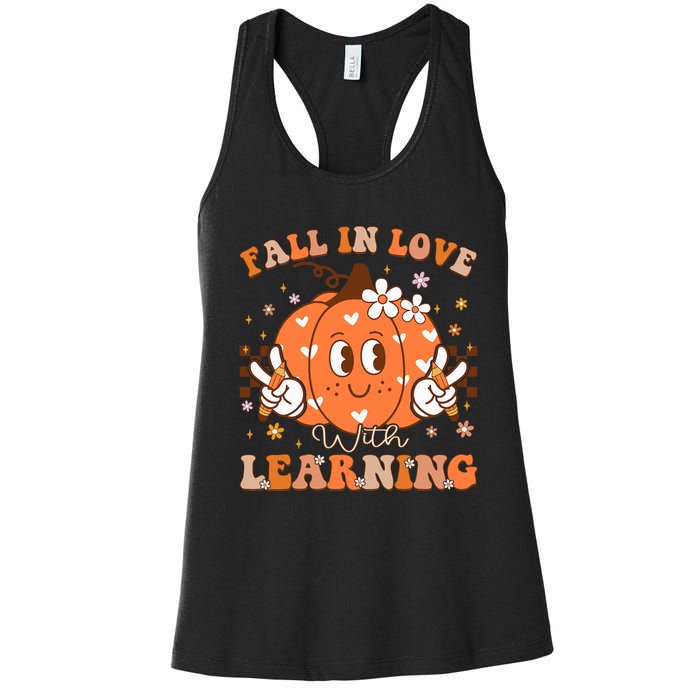 Retro Fall In Love With Learning Autumn Pumpkin Teacher Women's Racerback Tank