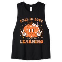 Retro Fall In Love With Learning Autumn Pumpkin Teacher Women's Racerback Cropped Tank