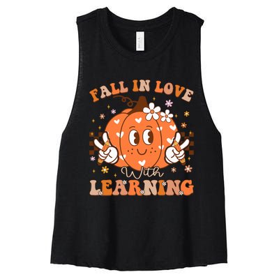 Retro Fall In Love With Learning Autumn Pumpkin Teacher Women's Racerback Cropped Tank