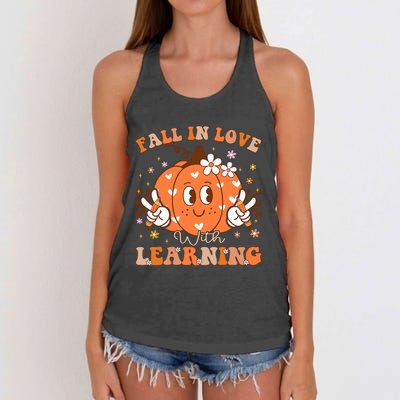 Retro Fall In Love With Learning Autumn Pumpkin Teacher Women's Knotted Racerback Tank