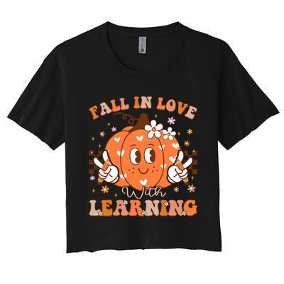 Retro Fall In Love With Learning Autumn Pumpkin Teacher Women's Crop Top Tee