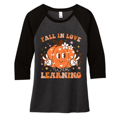 Retro Fall In Love With Learning Autumn Pumpkin Teacher Women's Tri-Blend 3/4-Sleeve Raglan Shirt