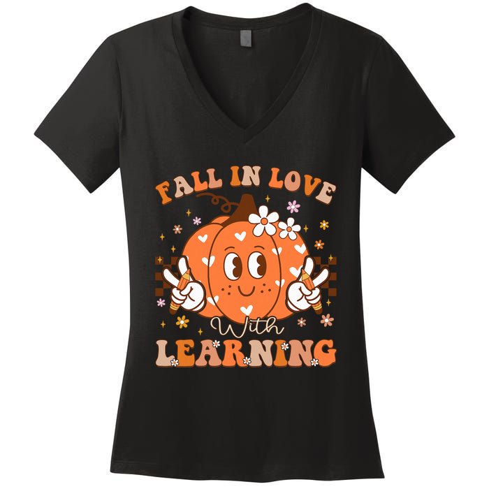 Retro Fall In Love With Learning Autumn Pumpkin Teacher Women's V-Neck T-Shirt