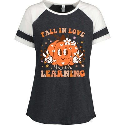 Retro Fall In Love With Learning Autumn Pumpkin Teacher Enza Ladies Jersey Colorblock Tee