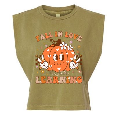 Retro Fall In Love With Learning Autumn Pumpkin Teacher Garment-Dyed Women's Muscle Tee