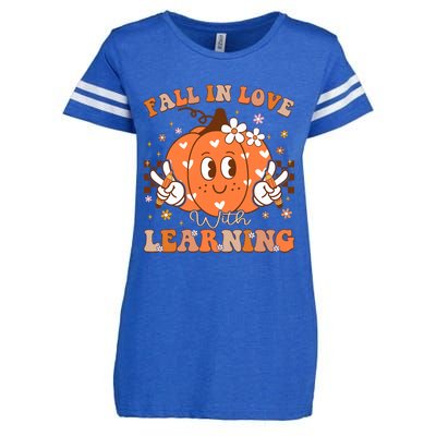 Retro Fall In Love With Learning Autumn Pumpkin Teacher Enza Ladies Jersey Football T-Shirt