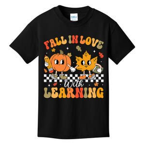 Retro Fall In Love With Learning Autumn Pumpkin Teacher Kids T-Shirt