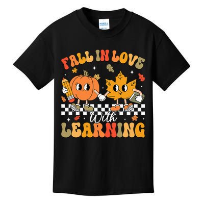 Retro Fall In Love With Learning Autumn Pumpkin Teacher Kids T-Shirt