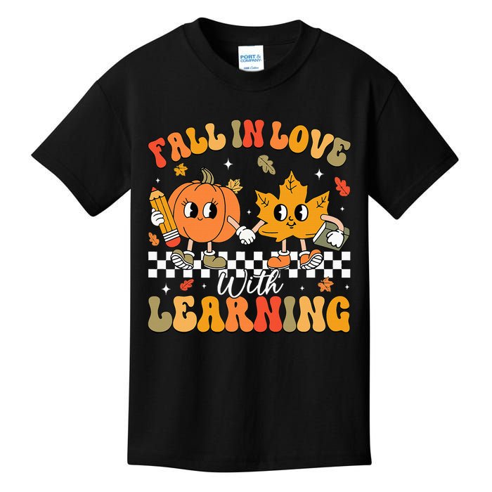 Retro Fall In Love With Learning Autumn Pumpkin Teacher Kids T-Shirt