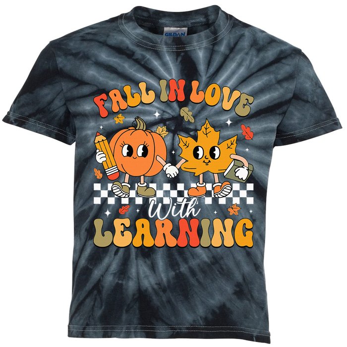 Retro Fall In Love With Learning Autumn Pumpkin Teacher Kids Tie-Dye T-Shirt