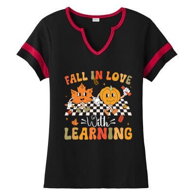 Retro Fall In Love With Learning Autumn Pumpkin Teacher Ladies Halftime Notch Neck Tee