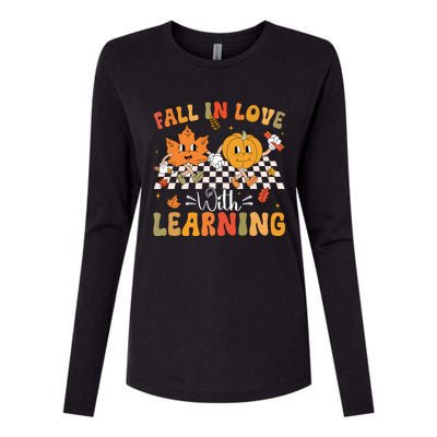 Retro Fall In Love With Learning Autumn Pumpkin Teacher Womens Cotton Relaxed Long Sleeve T-Shirt