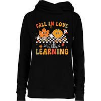 Retro Fall In Love With Learning Autumn Pumpkin Teacher Womens Funnel Neck Pullover Hood