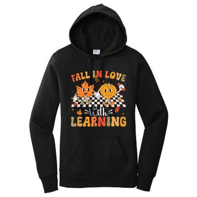 Retro Fall In Love With Learning Autumn Pumpkin Teacher Women's Pullover Hoodie