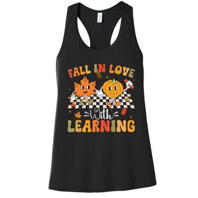 Retro Fall In Love With Learning Autumn Pumpkin Teacher Women's Racerback Tank