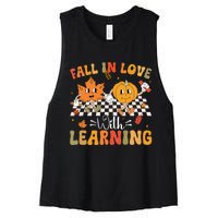 Retro Fall In Love With Learning Autumn Pumpkin Teacher Women's Racerback Cropped Tank