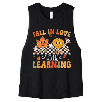 Retro Fall In Love With Learning Autumn Pumpkin Teacher Women's Racerback Cropped Tank