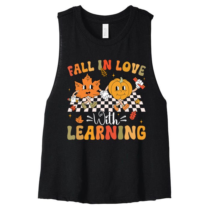 Retro Fall In Love With Learning Autumn Pumpkin Teacher Women's Racerback Cropped Tank