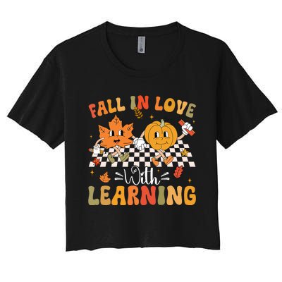 Retro Fall In Love With Learning Autumn Pumpkin Teacher Women's Crop Top Tee