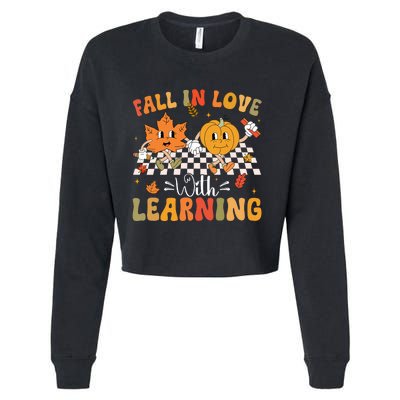 Retro Fall In Love With Learning Autumn Pumpkin Teacher Cropped Pullover Crew