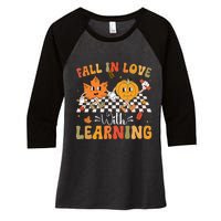 Retro Fall In Love With Learning Autumn Pumpkin Teacher Women's Tri-Blend 3/4-Sleeve Raglan Shirt