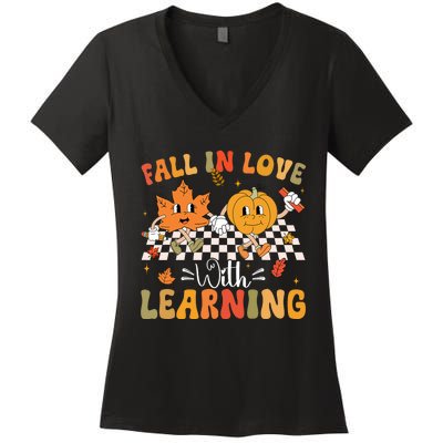 Retro Fall In Love With Learning Autumn Pumpkin Teacher Women's V-Neck T-Shirt