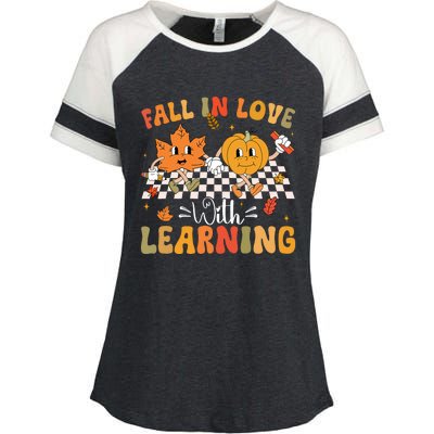 Retro Fall In Love With Learning Autumn Pumpkin Teacher Enza Ladies Jersey Colorblock Tee