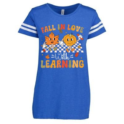 Retro Fall In Love With Learning Autumn Pumpkin Teacher Enza Ladies Jersey Football T-Shirt