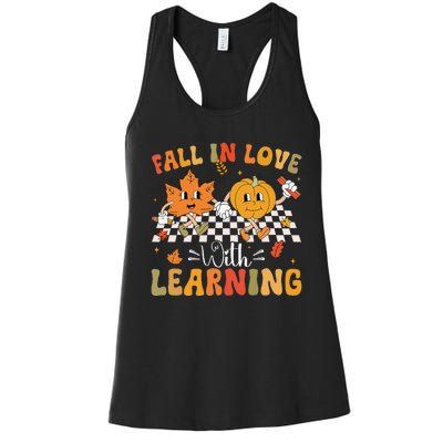 Retro Fall In Love With Learning Autumn Pumpkin Teacher Gift Women's Racerback Tank