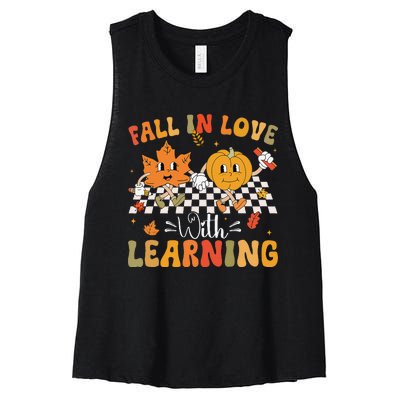 Retro Fall In Love With Learning Autumn Pumpkin Teacher Gift Women's Racerback Cropped Tank