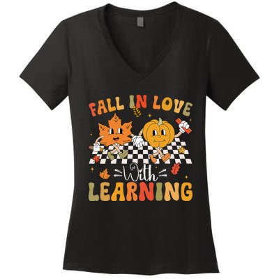 Retro Fall In Love With Learning Autumn Pumpkin Teacher Gift Women's V-Neck T-Shirt