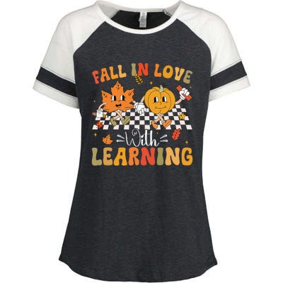 Retro Fall In Love With Learning Autumn Pumpkin Teacher Gift Enza Ladies Jersey Colorblock Tee