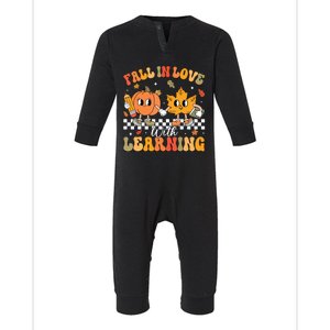 Retro Fall In Love With Learning Autumn Pumpkin Teacher Infant Fleece One Piece