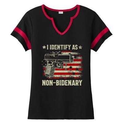 Retro Funny I Identify As Nonbidenary Gun American Flag Gift Ladies Halftime Notch Neck Tee