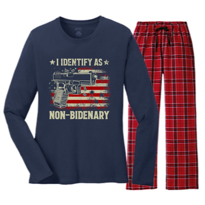 Retro Funny I Identify As Nonbidenary Gun American Flag Gift Women's Long Sleeve Flannel Pajama Set 