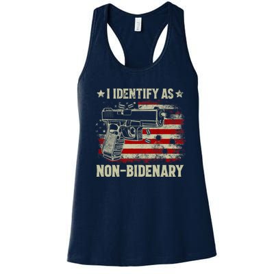 Retro Funny I Identify As Nonbidenary Gun American Flag Gift Women's Racerback Tank