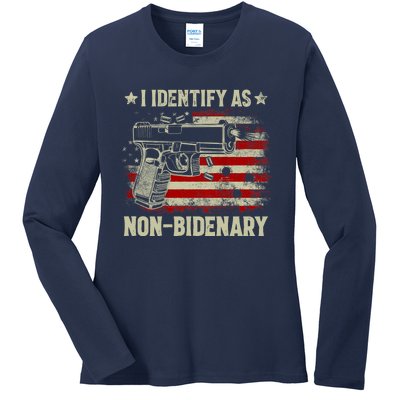 Retro Funny I Identify As Nonbidenary Gun American Flag Gift Ladies Long Sleeve Shirt