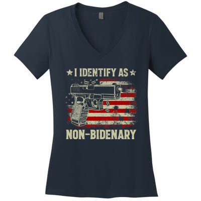 Retro Funny I Identify As Nonbidenary Gun American Flag Gift Women's V-Neck T-Shirt