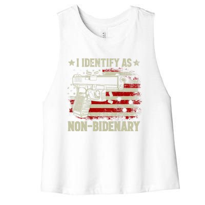 Retro Funny I Identify As Nonbidenary Gun American Flag Gift Women's Racerback Cropped Tank