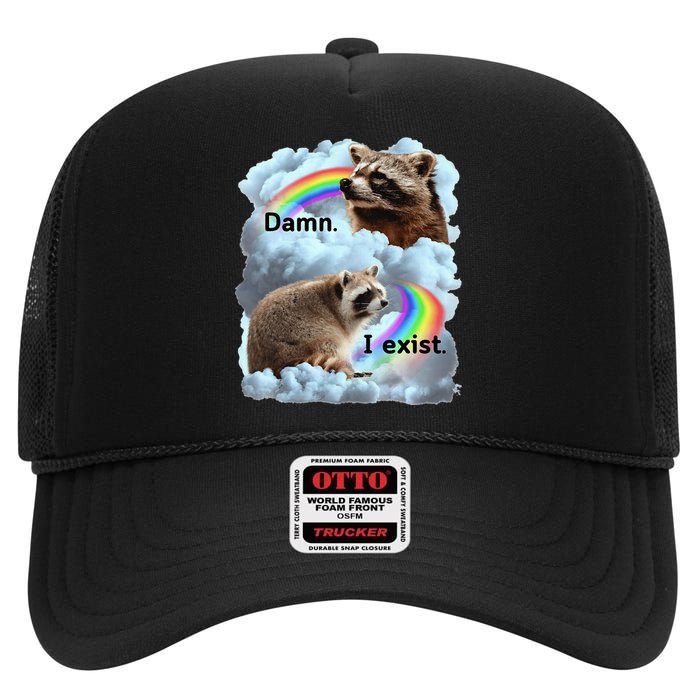 Raccoon Funny I Exist Depression Meme Dark Mental Health High Crown Mesh Back Trucker Hat